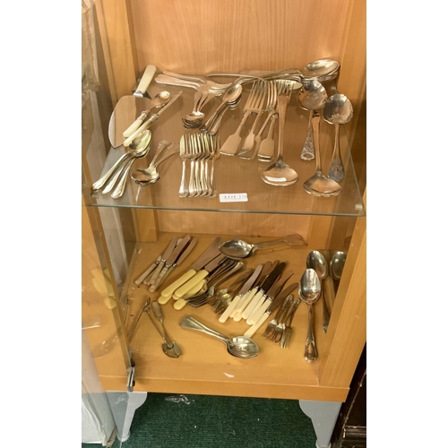 376 - 2X SHELVES OF VINTAGE CUTLERY ONCL WALKER & HALL, VINERS ETC