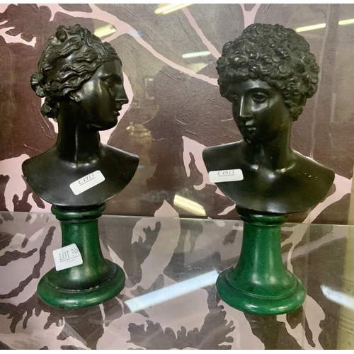 398 - PAIR OF VICTORIAN FIGURES ON GREEN PLINTHS DEPICTING ROMAN NOBLEWOMAN AND NOBLEMAN