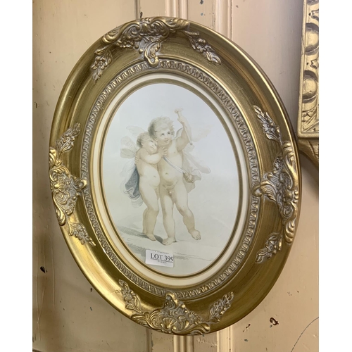 399 - A GILT FRAMED AND GLAZED OVAL PRINT BY BARTOLOZZI - TITLED: CUPID & PSYCHE