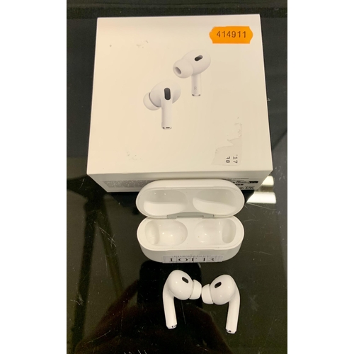 13 - BOXED PAIR OF APPLE AIR POD PROS 2ND GEN. IN WIRELESS MAG SAFE CHARGING CASE WITH EXTRA BUDS AND CHA... 