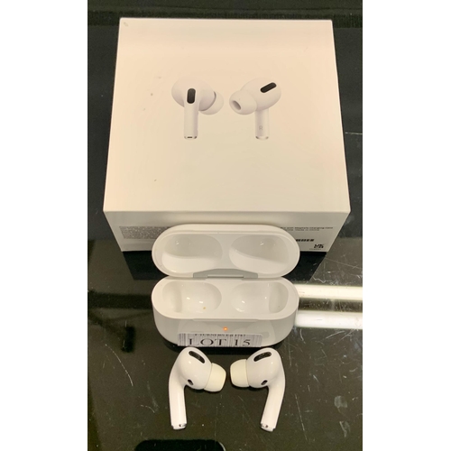 15 - BOXED PAIR OF APPLE AIR POD PROS WITH WIRELESS CHARGING CASE WITH EXTRA BUDS AND CHARGING WIRE