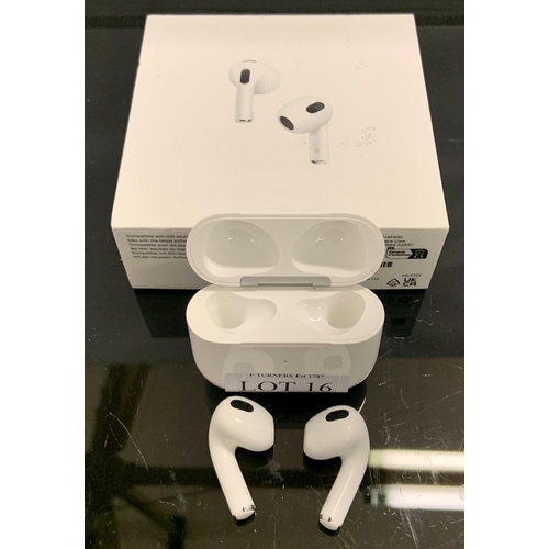 16 - BOXED PAIR OF APPLE AIR PODS 3RD GEN. WITH CHARGING WIRE