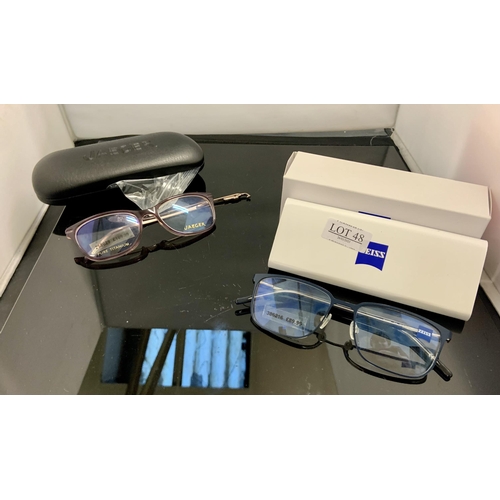 48 - 2 X PAIRS OF SPECTACLE FRAMES INC. ZEISS, JAEGER - BOTH WITH SLIGHT FAULTS