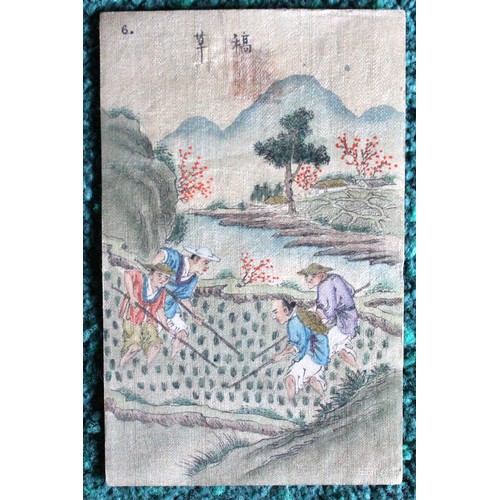 407 - A set of Eight (8) Chinese Paintings on Silk, depicting various agricultural activities -each H:14cm... 