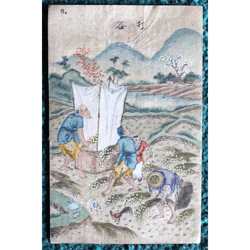 407 - A set of Eight (8) Chinese Paintings on Silk, depicting various agricultural activities -each H:14cm... 