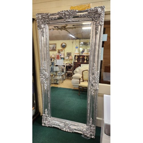 250 - LARGE RECTANGULAR SILVER ROCOCO FRAMED LOOKING GLASS MIRROR -W:100CM (39.5”) X  H: 203CM (80”)