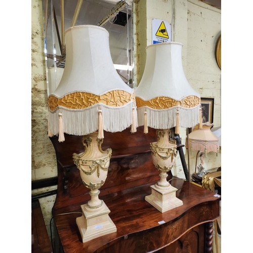 271 - A PAIR OF ITALIANATE SWAG TABLE LAMPS & SHADES - MOTTLED PINK & IVORY COLOURING WITH TASSELED LAMP S... 