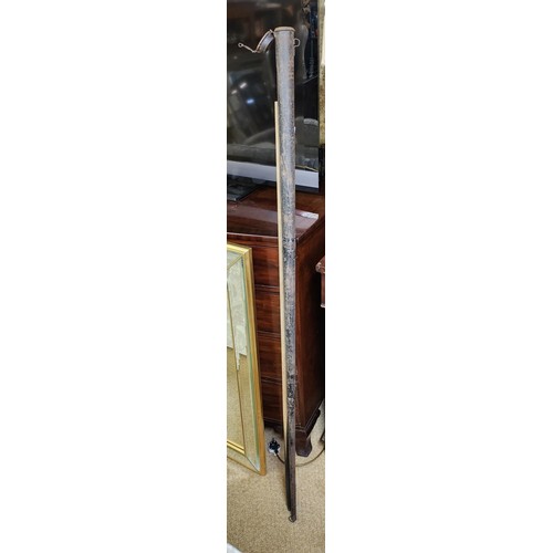 276 - A VINTAGE BILLIARD CUE IN ORIGINAL METAL STORAGE TUBE