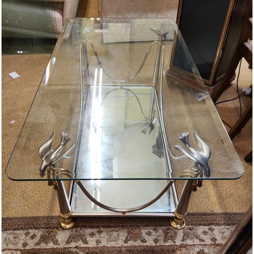 356 - GLASS, BRASS AND BRUSHED STEEL COFFEE TABLE WITH MIRRORED UNDERSHELF - GLASS HELD BY FLYING SWIFT MO... 