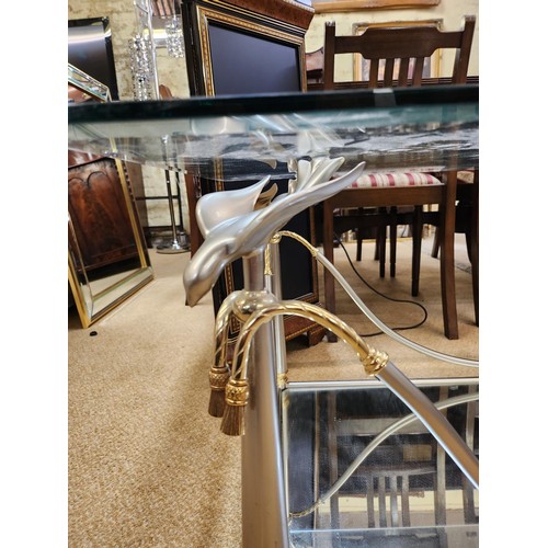 356 - GLASS, BRASS AND BRUSHED STEEL COFFEE TABLE WITH MIRRORED UNDERSHELF - GLASS HELD BY FLYING SWIFT MO... 