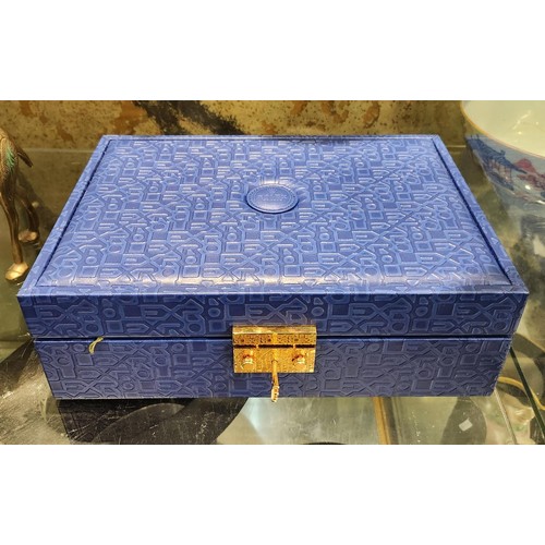 409 - A LARGE BLUE ROLEX LEATHER(?) & SUEDE WATCH/JEWELLERY  BOX -GILT FITTINGS WITH A KEY - ROLEX INCISED... 