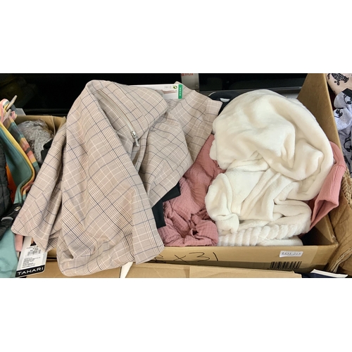 215 - LARGE BOX OF APPROXIMATELY 30 MIXED LADIES CLOTHING INC FILA, DKNY HILARY RADLEY ETC