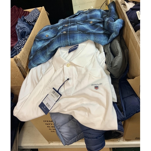 216 - BOX OF APPROXIMATELY 38 MIXED MENS CLOTHING INC PENGUIN, CHAMPION, GANT, JACHS ETC