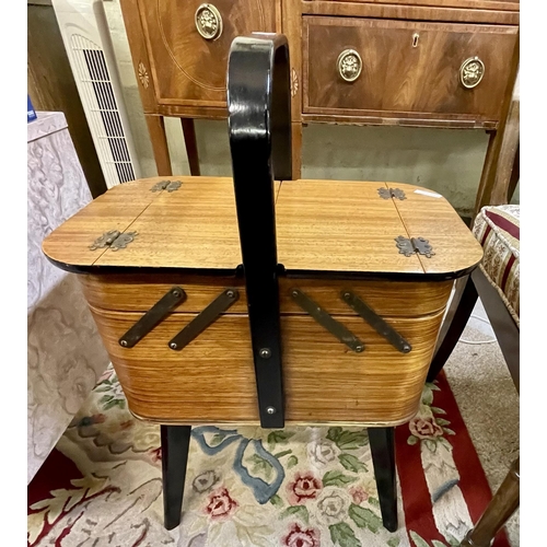 340 - NORCO CANTILEVER SEWING BOX IN LIGHT OAK WITH EBONISED HANDLE BRASS BUTTERFLY HINGES