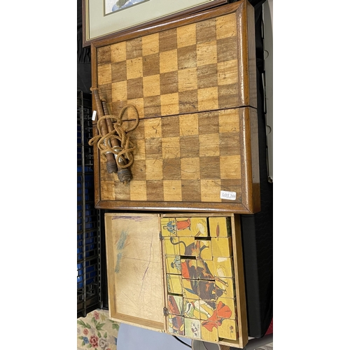 344 - VINTAGE TOYS INCL. WOOD HANDLED SKIPPING ROPE, CASED WOODEN BLOCK PUZZLE AND A CHESS BOARD WITH FITT... 