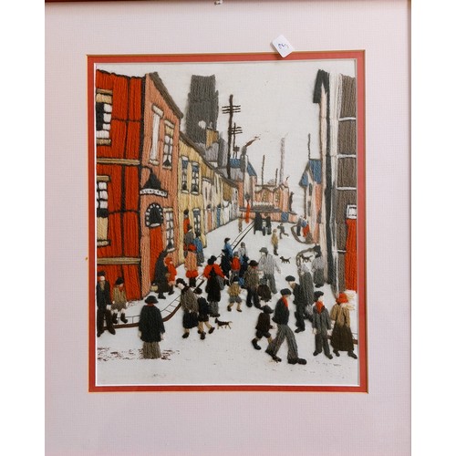 385 - After L.S Lowry- The Organ Grinder - A Wool work depiction of Lowry's famous painting copied in deta... 