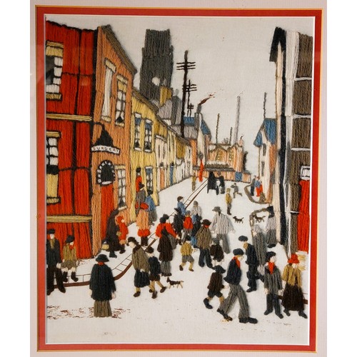 385 - After L.S Lowry- The Organ Grinder - A Wool work depiction of Lowry's famous painting copied in deta... 