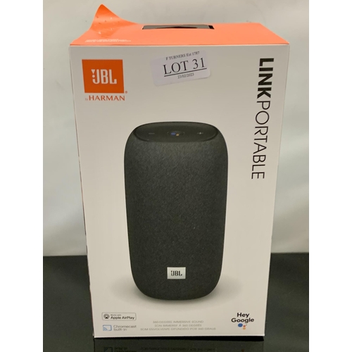 31 - BOXED JBL LINK PORTABLE BLUETOOTH SPEAKER WITH BUILT IN CHROME CAST