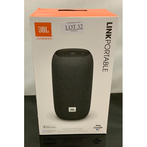 32 - BOXED JBL LINK PORTABLE BLUETOOTH SPEAKER WITH BUILT IN CHROME CAST