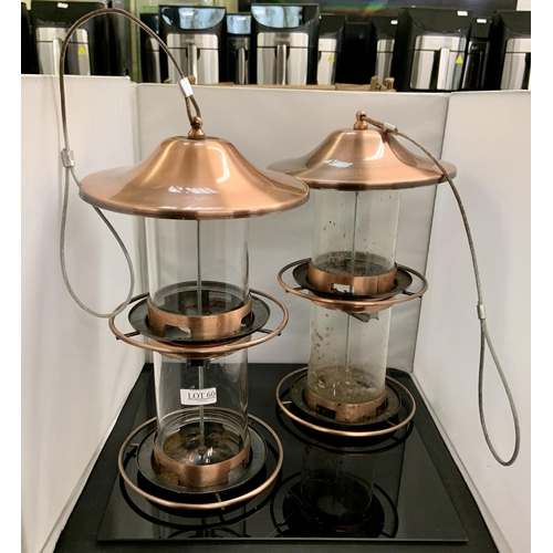 60 - SET OF 2 COPPER EFFECT TWO TIER BIRD FEEDERS (ONE WITH SLIGHT BIRD USEAGE)