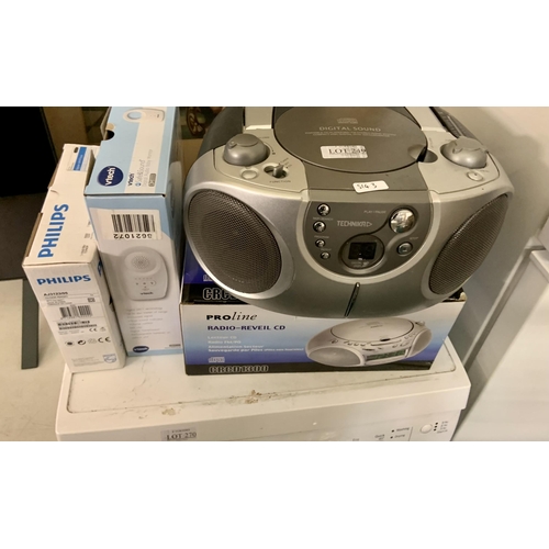 249 - SMALL ELECTRICALS INCL. TECHNIKA CD/ RADIO, PHILIPS CLOCK RADIO (B), V TECH BABY MONITOR (B), PROLIN... 