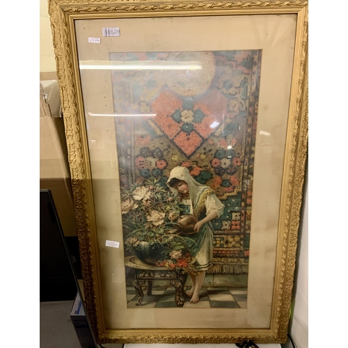 250 - FRAMED & GLAZED VICTORIAN PRINT -GIRL WATERING FLOWERS