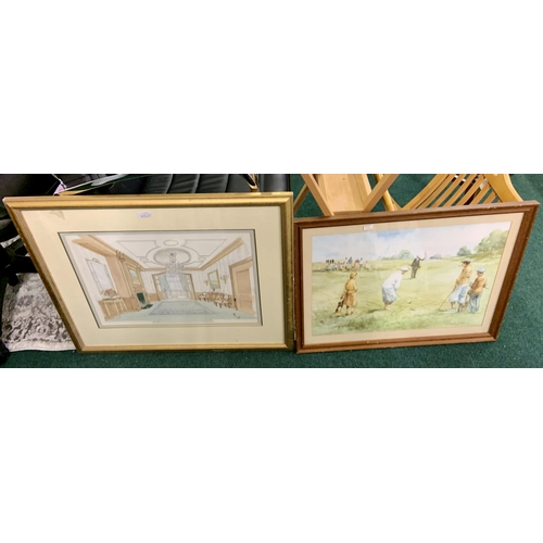 257 - TWO LARGE, FRAMED & GLAZED PICTURE - A GOLF SCENE BY DOUGLAS E WEST AND AN ARCHITECTURAL SCENE, THE ... 