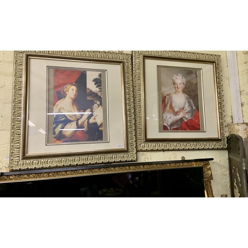 275 - A PAIR OF LARGE SQUARE FRAMED PRINTS DEPICTING LADIES IN GEORGIAN DRESS