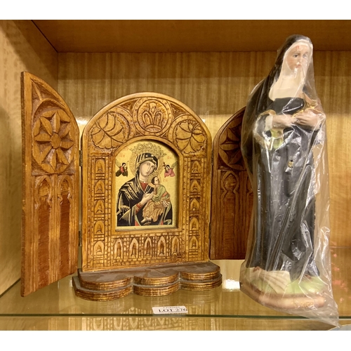 276 - A SMALL FOLDING ICON & PLASTER FIGURE OF A SAINT