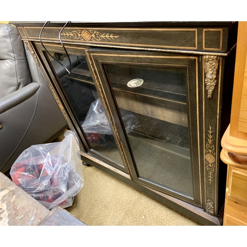 299 - FRENCH EMPIRE STYLE EBONISED BOOKCASE -2 GLAZED DOORS ,2X VELVET STYLE COVERED SHELVES, WITH RAISED ... 