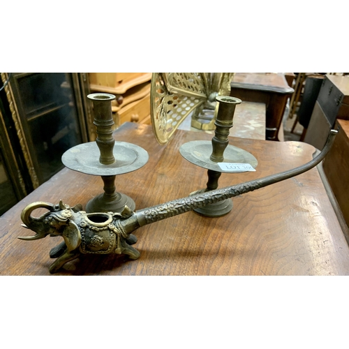 300 - VINTAGE ORIENTAL METALWARES - 2 CANDLESTICKS WITH DRIP TRAYS AND A PIPE IN THE FORM OF AN ELEPHANT