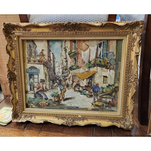 335 - ROCOCO FRAMED OIL ON CANVAS OF AN ITALIAN STREET SCENE, SIGNED BOTTOM RIGHT 'C(?) BIANCHI - W:39CM X... 