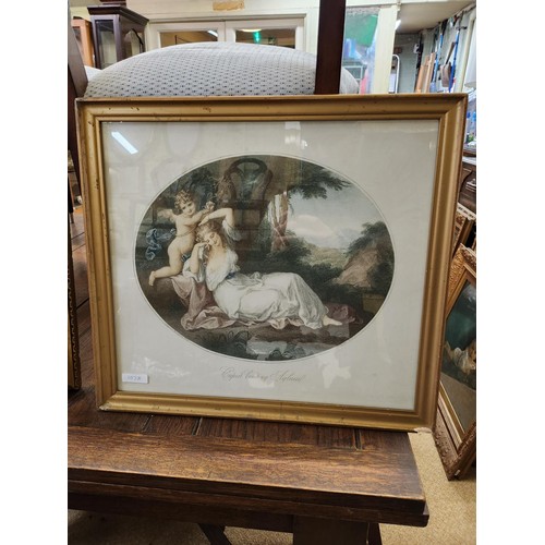 335A - ANGELICA KAUFFMAN FRAMED & GLAZED ANTIQUE PRINT - THOS. BURKE COLOURED OVAL ENGRAVING SHOWING A CUPI... 