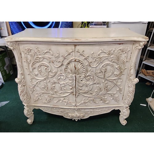 251 - SHABBY CHIC WHITE ENAMELLED ROCCOCO CABINET - WITH CUPBOARD AND INTERNAL DRAWERS ON RAISED LEGS WITH... 