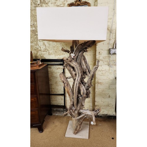 266 - A LARGE DRIFTWOOD FLOOR STANDING LAMP WITH SHADE ON MARBLE BASE H: TO TOP OF SHADE 168CMS BY BLEU NA... 