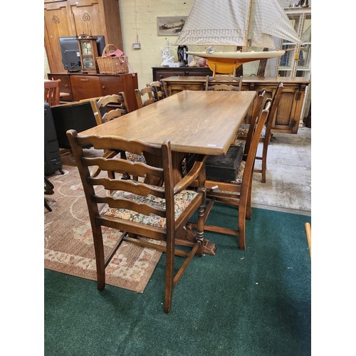 356 - ERCOL STYLE OAK REFECTORY DINING TABLE - RECTANGULAR TOP - L:180 X W: 75CMS - ON TRESTLE BASE WITH 8... 