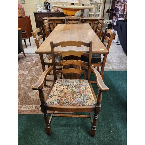 356 - ERCOL STYLE OAK REFECTORY DINING TABLE - RECTANGULAR TOP - L:180 X W: 75CMS - ON TRESTLE BASE WITH 8... 