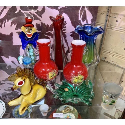 374 - VARIOUS GLASSWARE INC. MURANO GLASS CLOWN, BOHEMIA GLASS BOWL, MURANO GLASS VASES AND FIGURINES