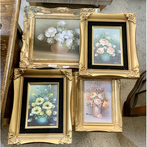 391 - 4 X SMALL ROCOCCO GILT FRAMED OIL ON BOARD FLORAL PICTURES