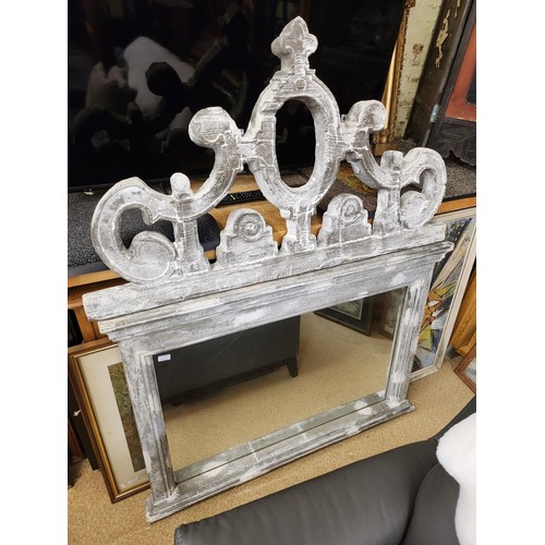 273 - WHITE/SILVER DISTRESSED LOOK OVER MANTEL WITH HEAVY SCROLL TOP H:150 X W:120 CMS