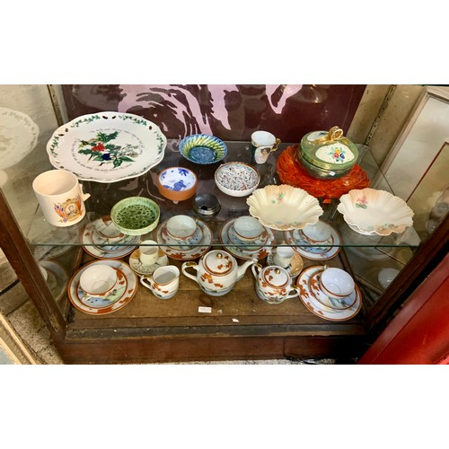 376 - A MIXED LOT OF JAPANESE EGG SHELL TEA SET, FAMILLE ROSE DISH ETC (1 CUP DAMAGED) TOGETHER WITH A SHE... 