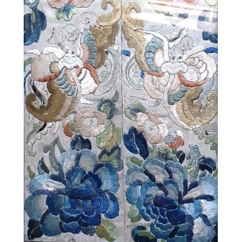 329 - PAIR OF CHINESE SLEEVE PANELS IN A CHINOISERIE TRAY, TRAY 49X20CMS (EXCL. HANDLES)