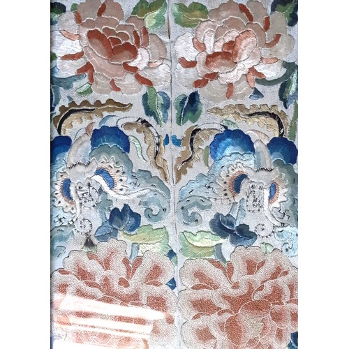 329 - PAIR OF CHINESE SLEEVE PANELS IN A CHINOISERIE TRAY, TRAY 49X20CMS (EXCL. HANDLES)