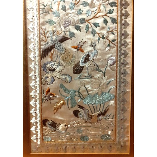 343 - OLD CHINESE FRAMED EMBROIDERY, GOOD QUALITY, FRAMED - 58.5X28.5CMS