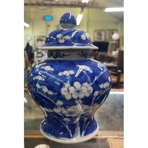 230 - SMALL BLUE & WHITE 19TH C. CHINESE PRUNUS PATTERN JAR WITH LID  H: 27CMS - SOME OLD CHIPS/REPAIRS CO... 