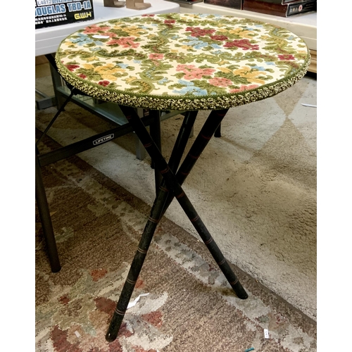 229 - AN EBONISED VICTORIAN TRIPOD CIRCULAR SIDE TABLE WITH FAUX BAMBOO CROSSED LEGS AND BROCADE DECORATIV... 