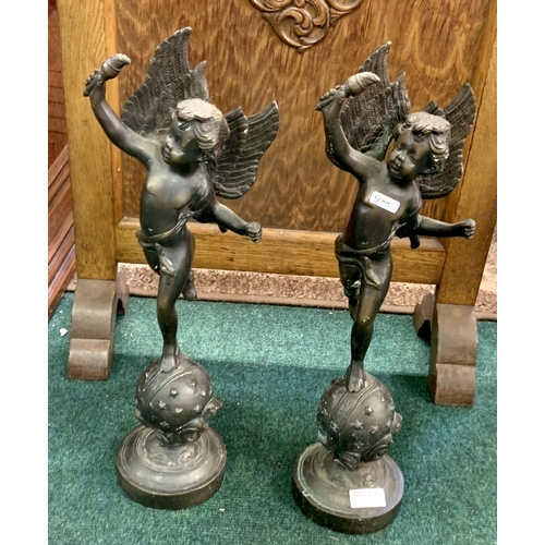 236 - A PAIR OF BRONZE FIGURES OF CUPIDS STANDING ON STARRED ORBS IN THE MANNER OF ALFRED GILBERT RA -BOTH... 