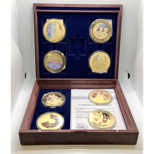 286 - 75 YEARS OF WORLD WAR II -COMMEMORATIVE COIN SET - 8 COINS, 8 COA AND BOX