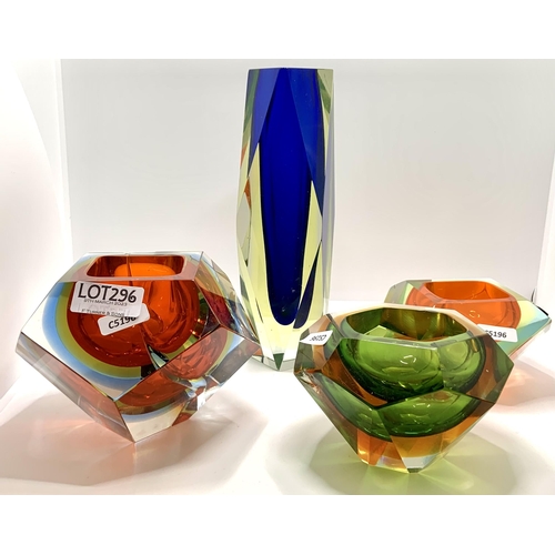 296 - MURANO FACETTED HEAVY GLASSWARE - ORANGE AND GREEN BOWL (CHIP TO BASE), ONE AMBER/GREEN BOWL, ONE KA... 