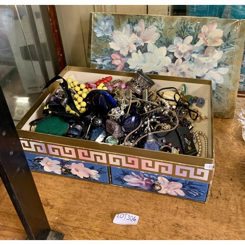 306 - A BOX OF MISCELLANEOUS COSTUME JEWELLERY - INC. NECKLACES, RINGS ETC.